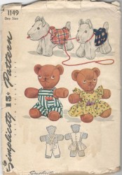 1149 SIMPLICITY 1942 STUFFED SCOTTY DOG, PLAID BLANKET, BEAR IN OVERALLS, PINAFORE UNCUT PATTERN